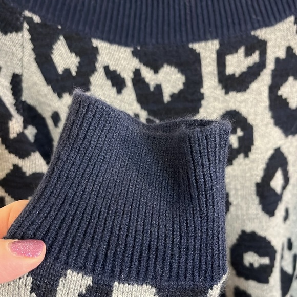 GAP Boat Neck Cheetah Print Sweater Gray & Blue Sz Lg Nylon Wool Acrylic - Picture 5 of 5